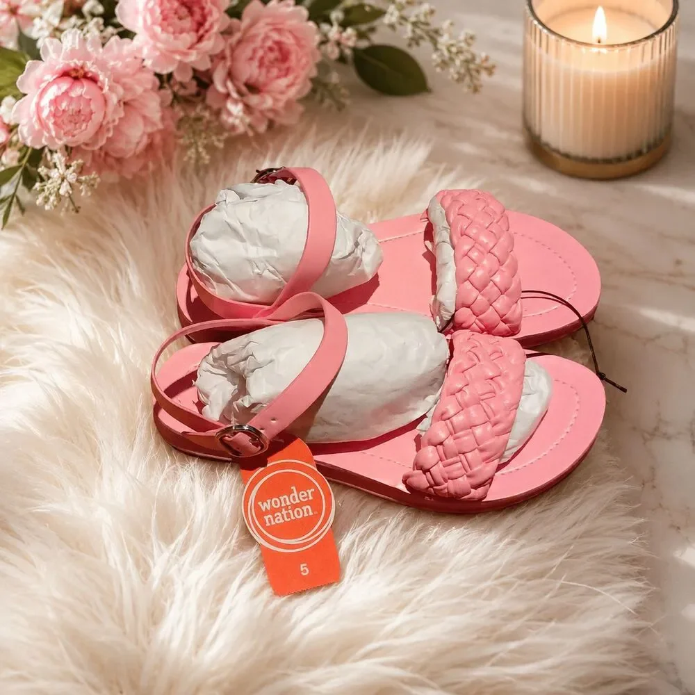 Wonder Nation Girls Pink Braided Ankle Strap Flat Sandals  Size 5 NWT